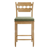 Lennox Oak Wood Counter Stool With Wavy Razor Back and Cushion in Weathered Oak Sage