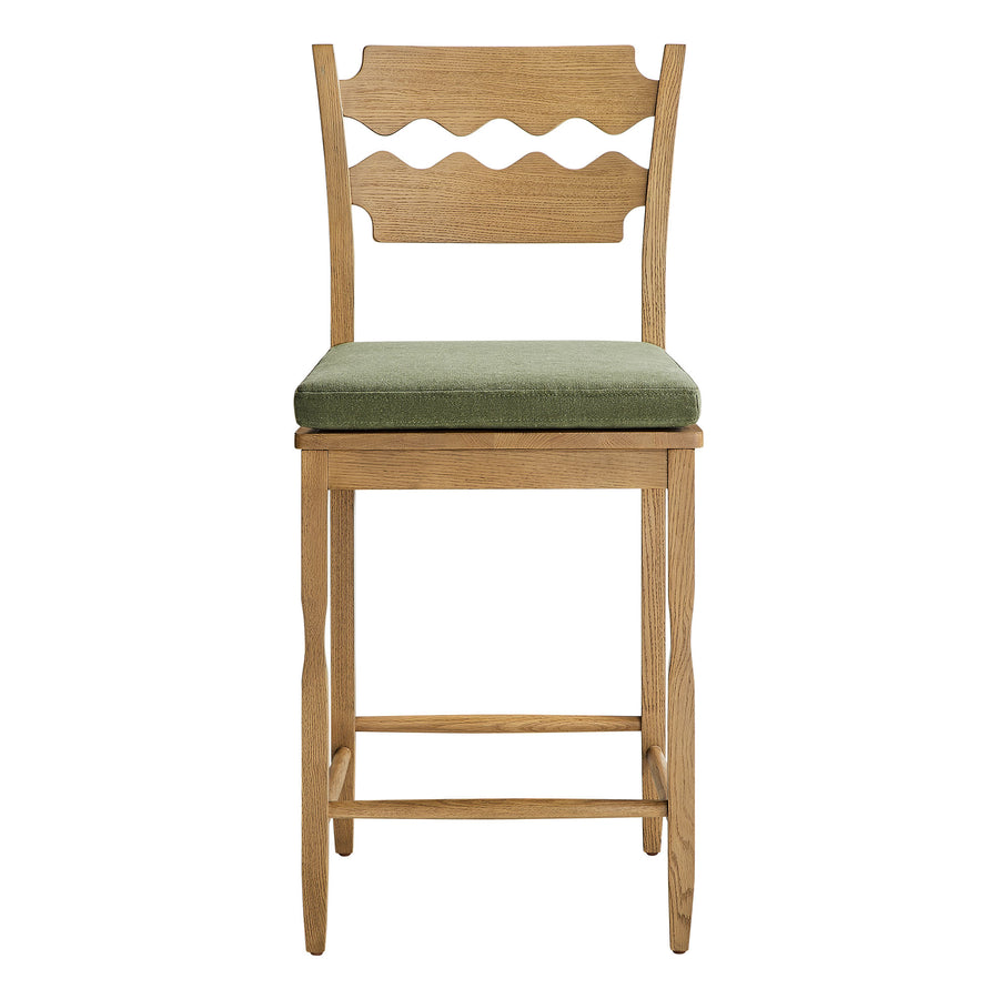 Lennox Oak Wood Counter Stool With Wavy Razor Back and Cushion in Weathered Oak Sage