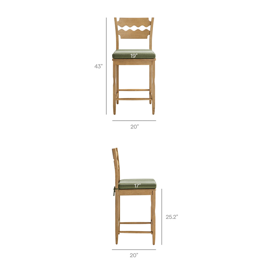 Lennox Oak Wood Counter Stool With Wavy Razor Back and Cushion in Weathered Oak Sage