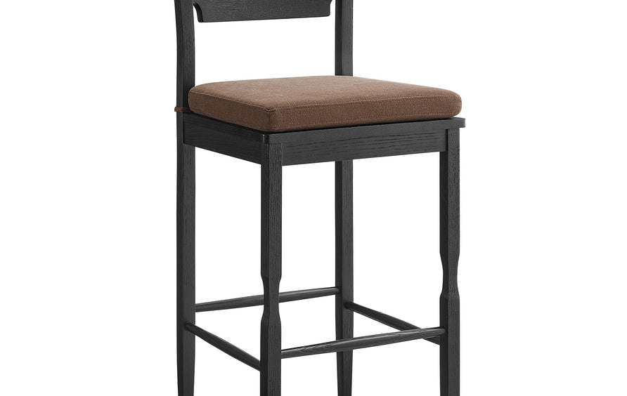 Lennox Oak Wood Bar Stool With Wavy Razor Back and Cushion in Black Cocoa