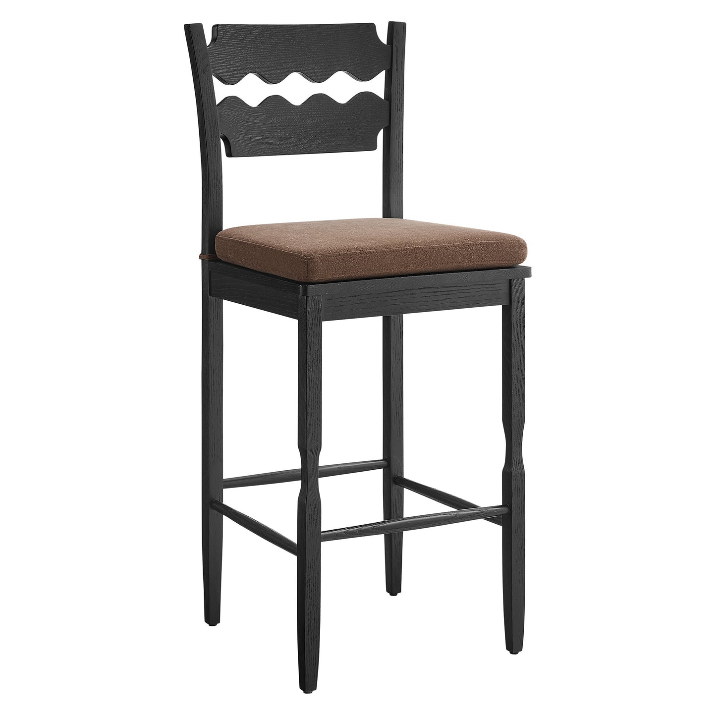 Lennox Oak Wood Bar Stool With Wavy Razor Back and Cushion in Black Cocoa