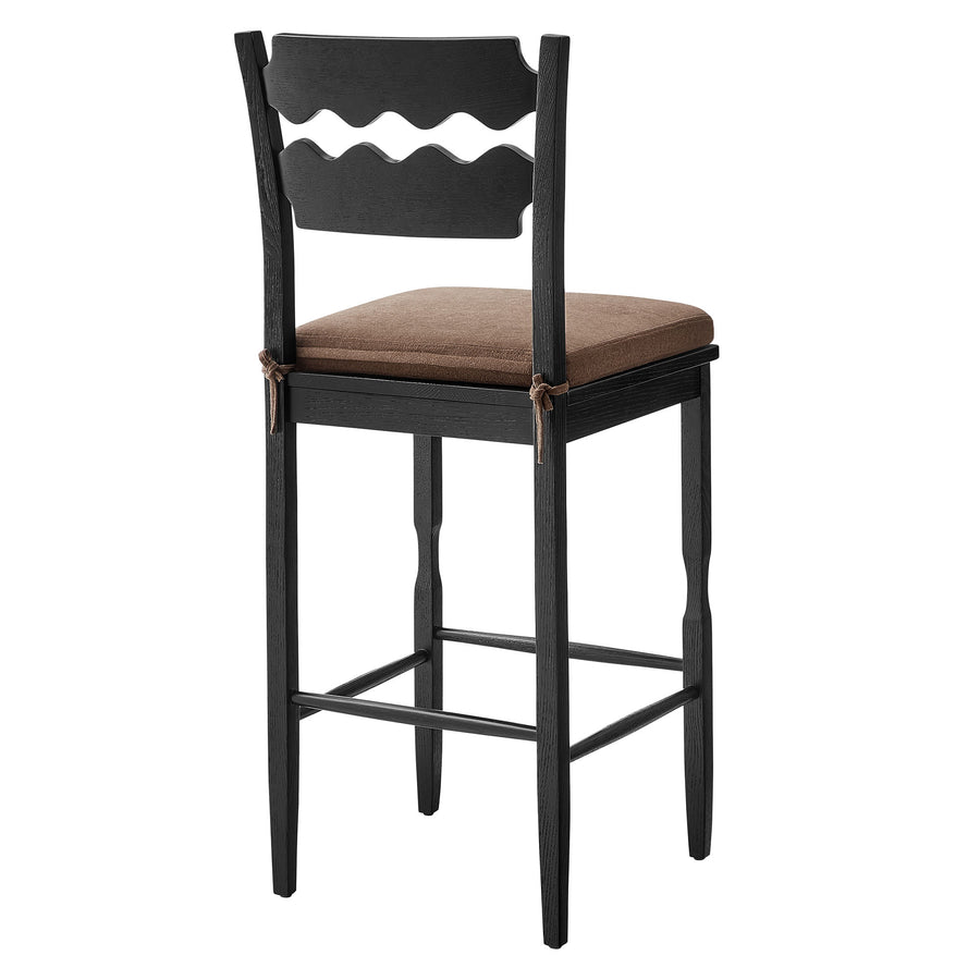 Lennox Oak Wood Bar Stool With Wavy Razor Back and Cushion in Black Cocoa