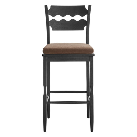 Jax Oak Wood Bar Stool With Wavy Razor Back and Cushion in Black Cocoa