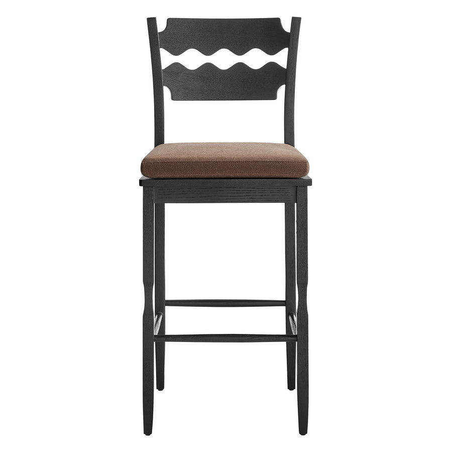 Lennox Oak Wood Bar Stool With Wavy Razor Back and Cushion in Black Cocoa
