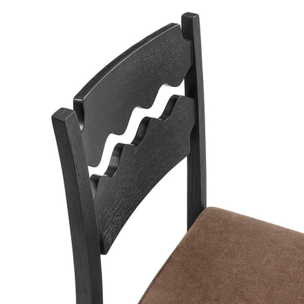 Jax Oak Wood Bar Stool With Wavy Razor Back and Cushion in Black Cocoa