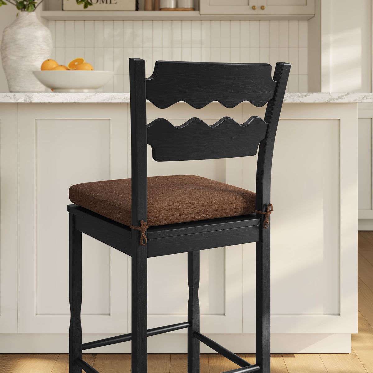 Jax Oak Wood Bar Stool With Wavy Razor Back and Cushion in Black Cocoa