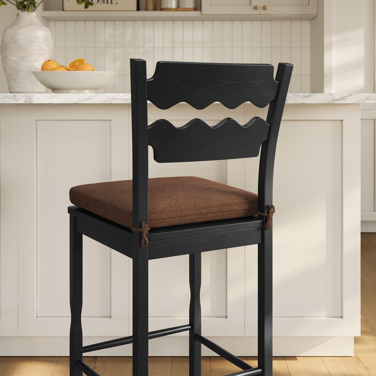 Lennox Oak Wood Bar Stool With Wavy Razor Back and Cushion in Black Cocoa
