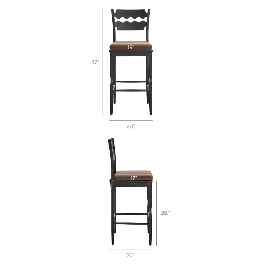Lennox Oak Wood Bar Stool With Wavy Razor Back and Cushion in Black Cocoa
