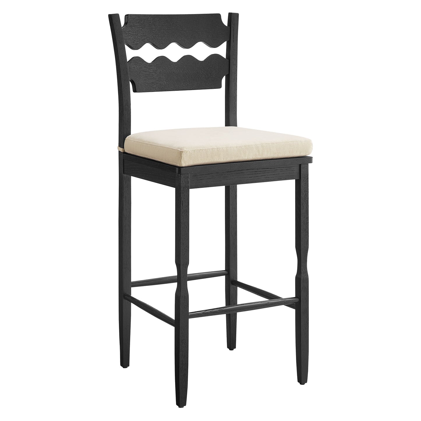 Lennox Oak Wood Bar Stool With Wavy Razor Back and Cushion in Black Linen