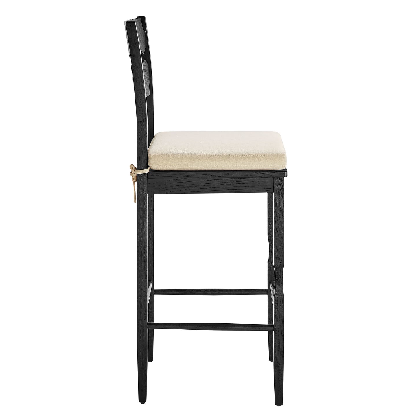 Lennox Oak Wood Bar Stool With Wavy Razor Back and Cushion in Black Linen