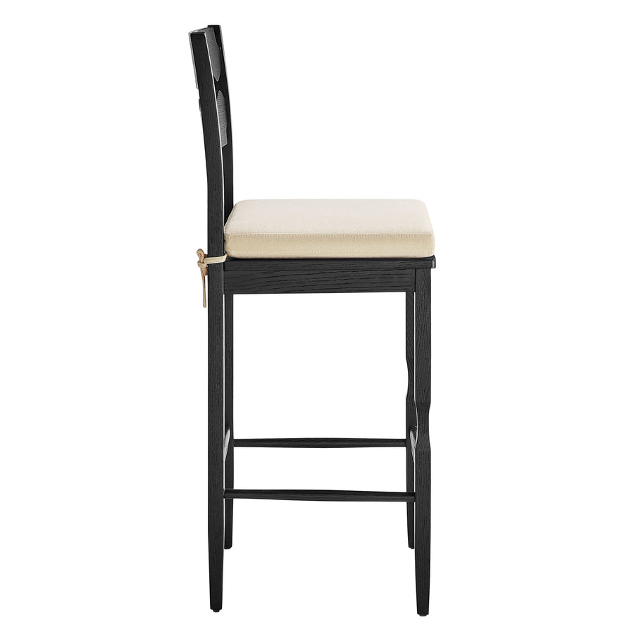 Lennox Oak Wood Bar Stool With Wavy Razor Back and Cushion in Black Linen