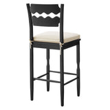 Lennox Oak Wood Bar Stool With Wavy Razor Back and Cushion in Black Linen