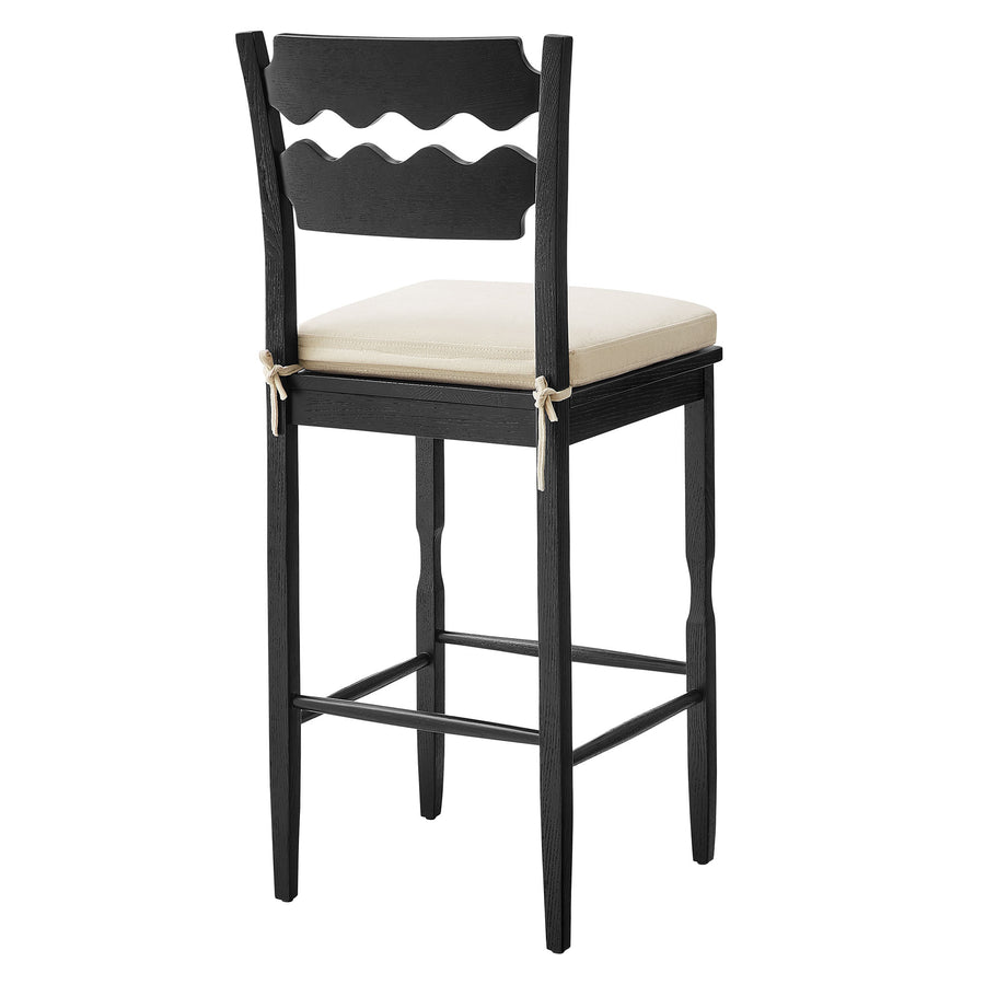 Lennox Oak Wood Bar Stool With Wavy Razor Back and Cushion in Black Linen