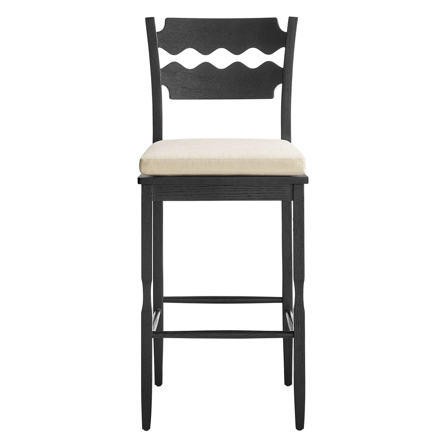 Lennox Oak Wood Bar Stool With Wavy Razor Back and Cushion in Black Linen