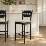 Lennox Oak Wood Bar Stool With Wavy Razor Back and Cushion in Black Linen