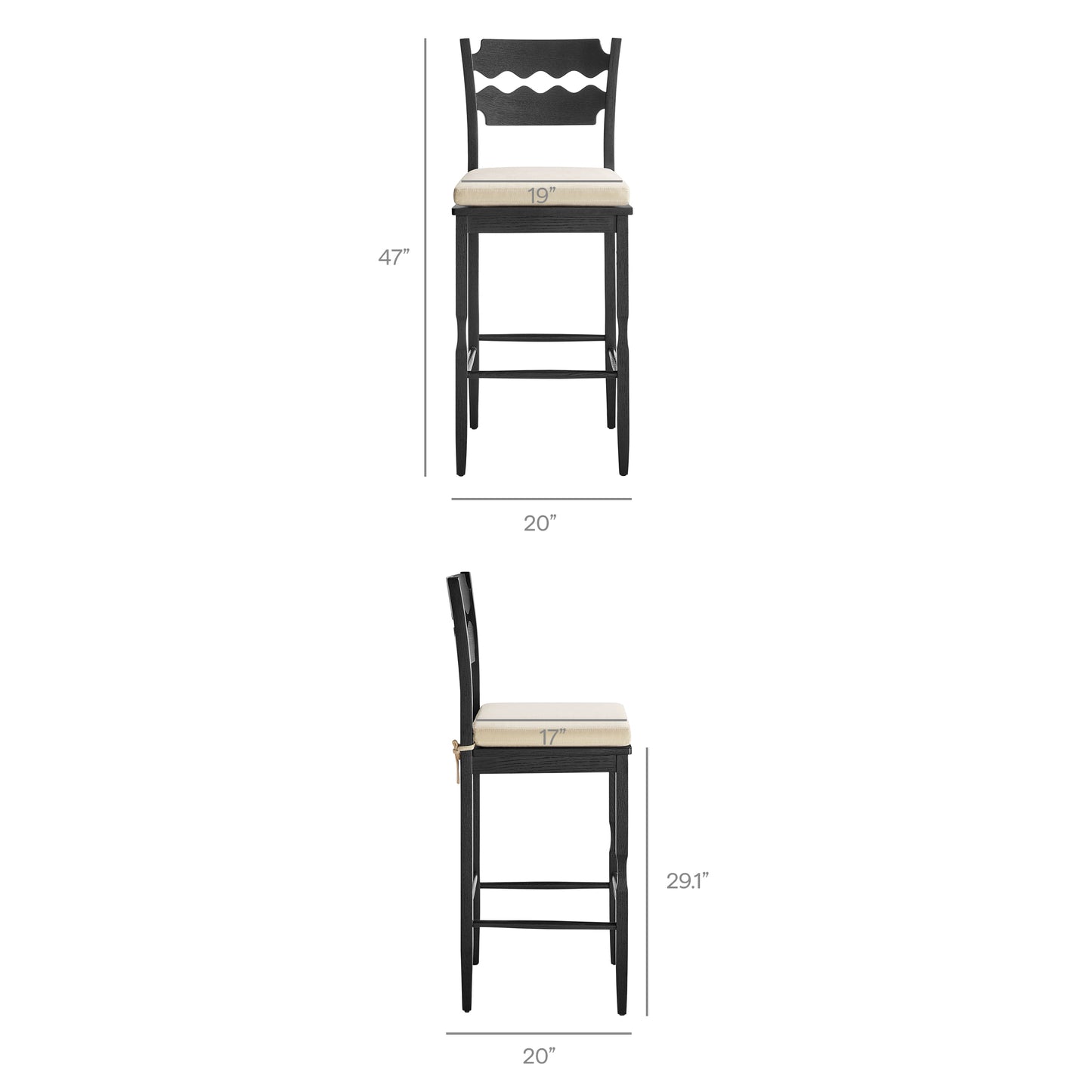 Lennox Oak Wood Bar Stool With Wavy Razor Back and Cushion in Black Linen