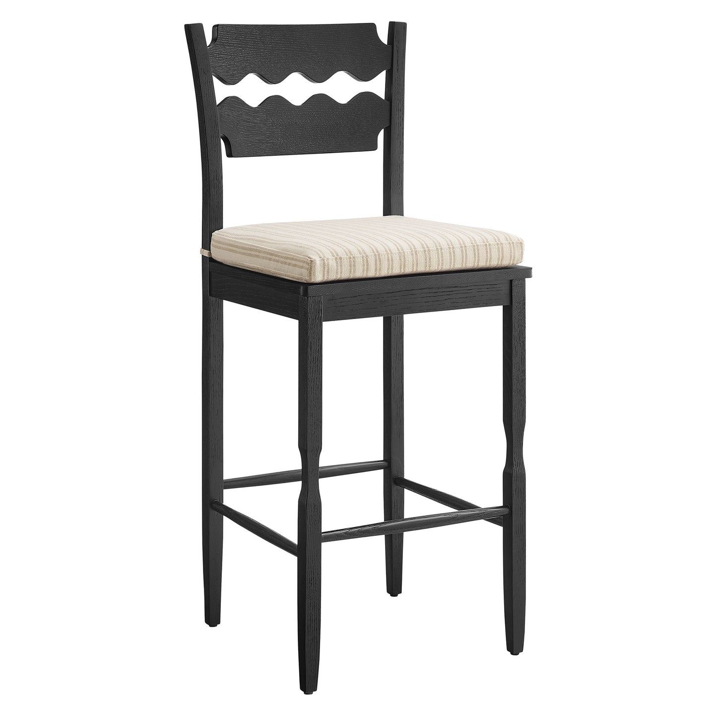 Lennox Oak Wood Bar Stool With Wavy Razor Back and Cushion in Black Oatmeal Stripe
