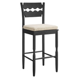 Lennox Oak Wood Bar Stool With Wavy Razor Back and Cushion in Black Oatmeal Stripe