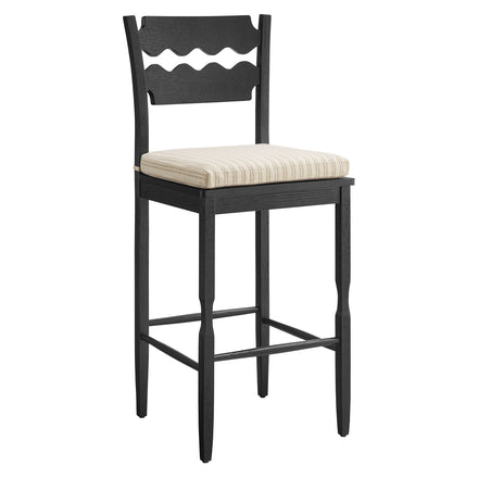 Jax Oak Wood Bar Stool With Wavy Razor Back and Cushion in Black Oatmeal Stripe