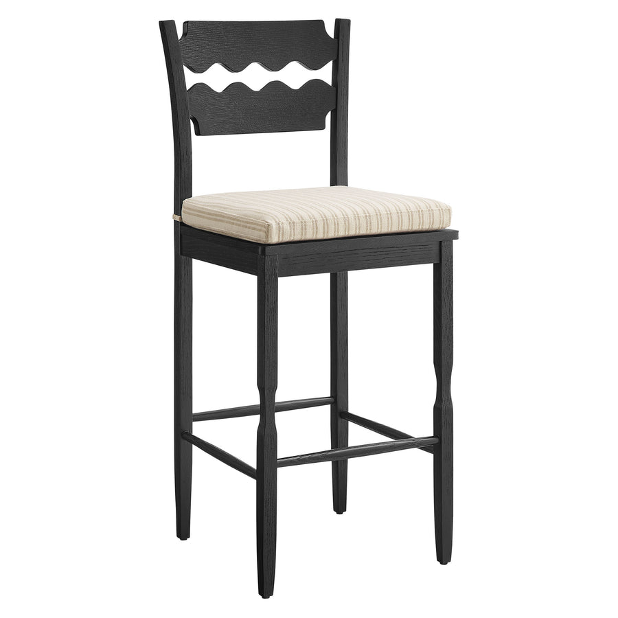 Lennox Oak Wood Bar Stool With Wavy Razor Back and Cushion in Black Oatmeal Stripe