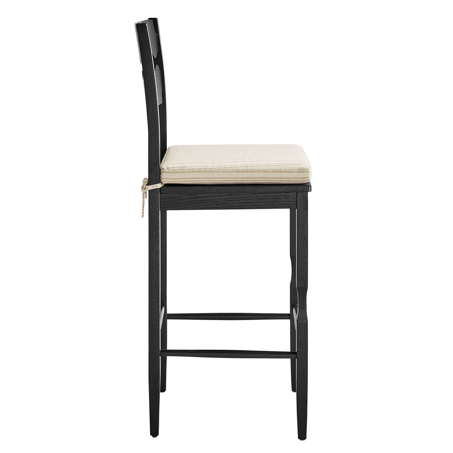 Lennox Oak Wood Bar Stool With Wavy Razor Back and Cushion in Black Oatmeal Stripe