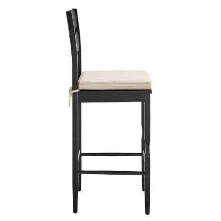 Jax Oak Wood Bar Stool With Wavy Razor Back and Cushion in Black Oatmeal Stripe