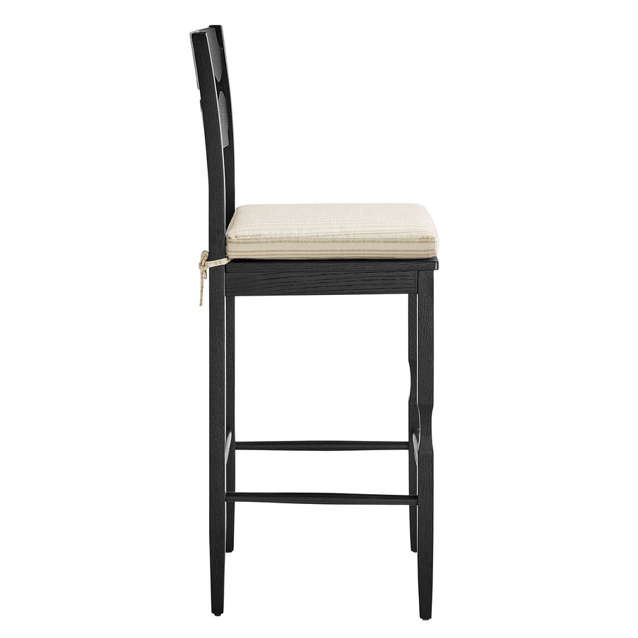 Lennox Oak Wood Bar Stool With Wavy Razor Back and Cushion in Black Oatmeal Stripe
