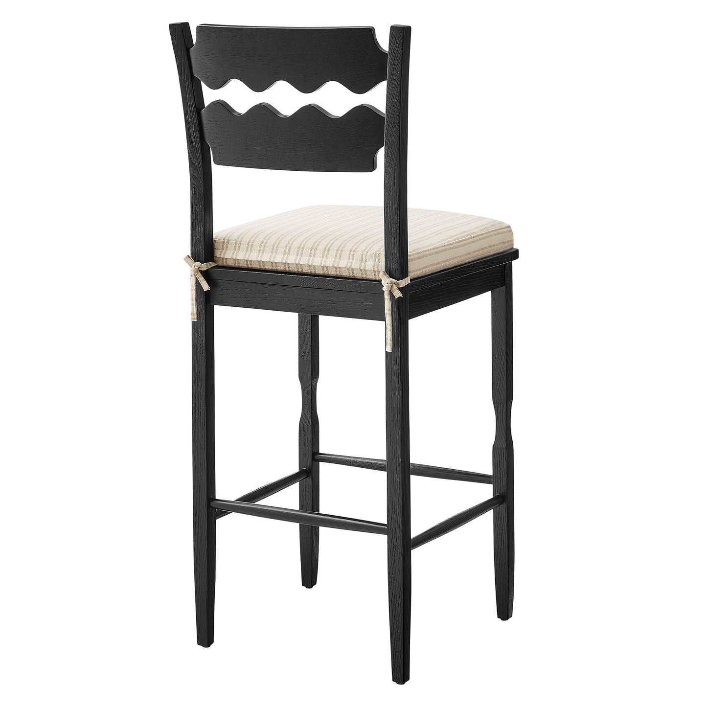 Lennox Oak Wood Bar Stool With Wavy Razor Back and Cushion in Black Oatmeal Stripe