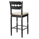 Lennox Oak Wood Bar Stool With Wavy Razor Back and Cushion in Black Oatmeal Stripe