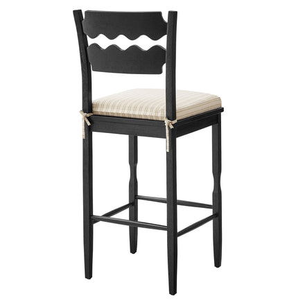 Jax Oak Wood Bar Stool With Wavy Razor Back and Cushion in Black Oatmeal Stripe