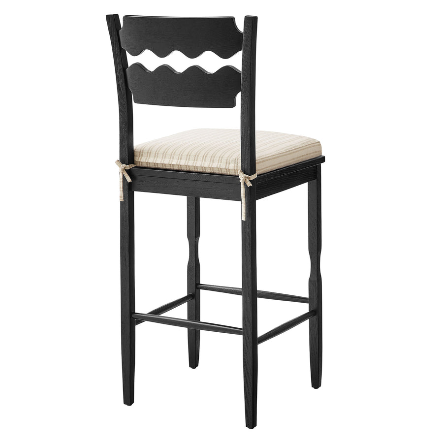 Lennox Oak Wood Bar Stool With Wavy Razor Back and Cushion in Black Oatmeal Stripe