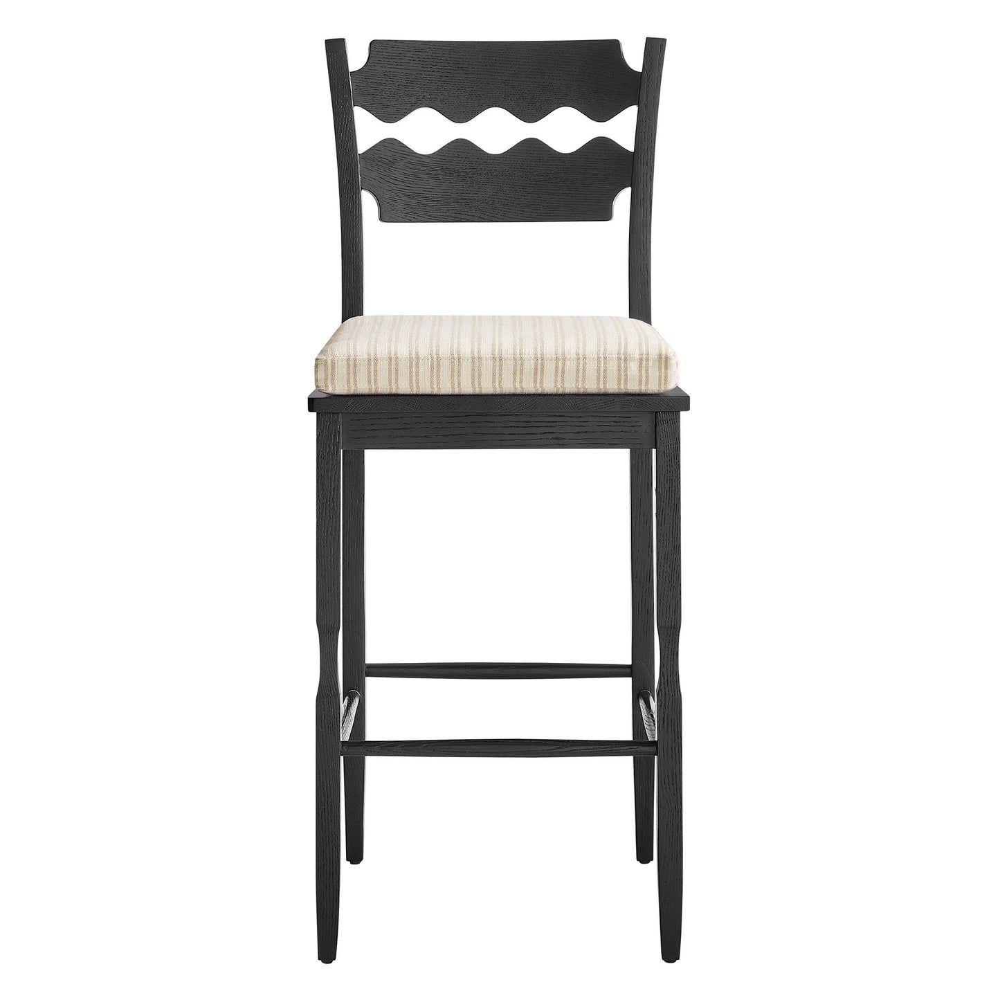 Lennox Oak Wood Bar Stool With Wavy Razor Back and Cushion in Black Oatmeal Stripe