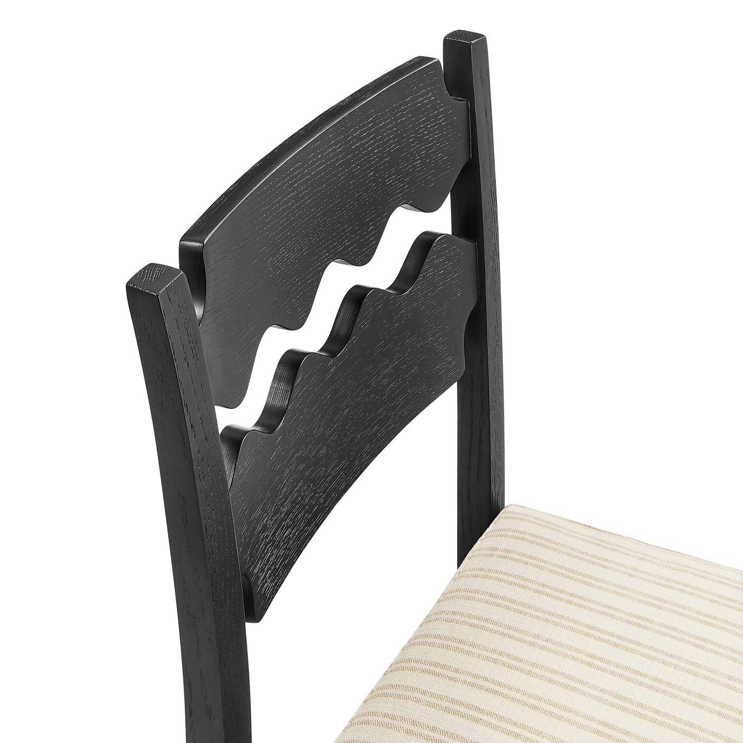 Lennox Oak Wood Bar Stool With Wavy Razor Back and Cushion in Black Oatmeal Stripe