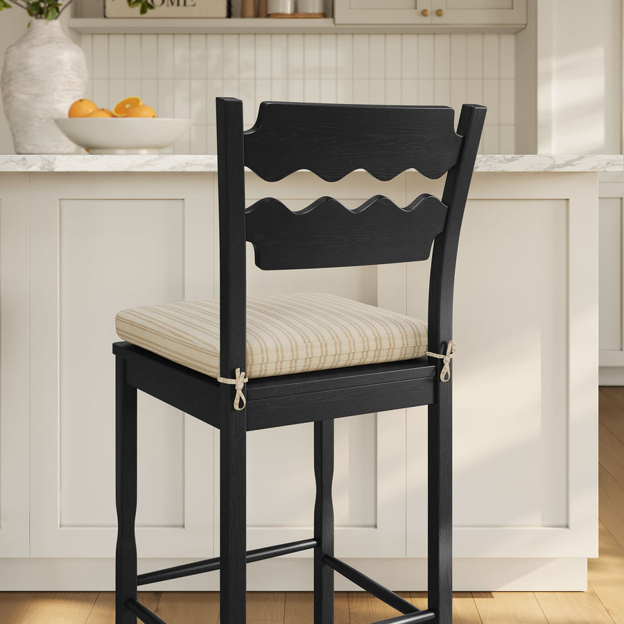 Lennox Oak Wood Bar Stool With Wavy Razor Back and Cushion in Black Oatmeal Stripe