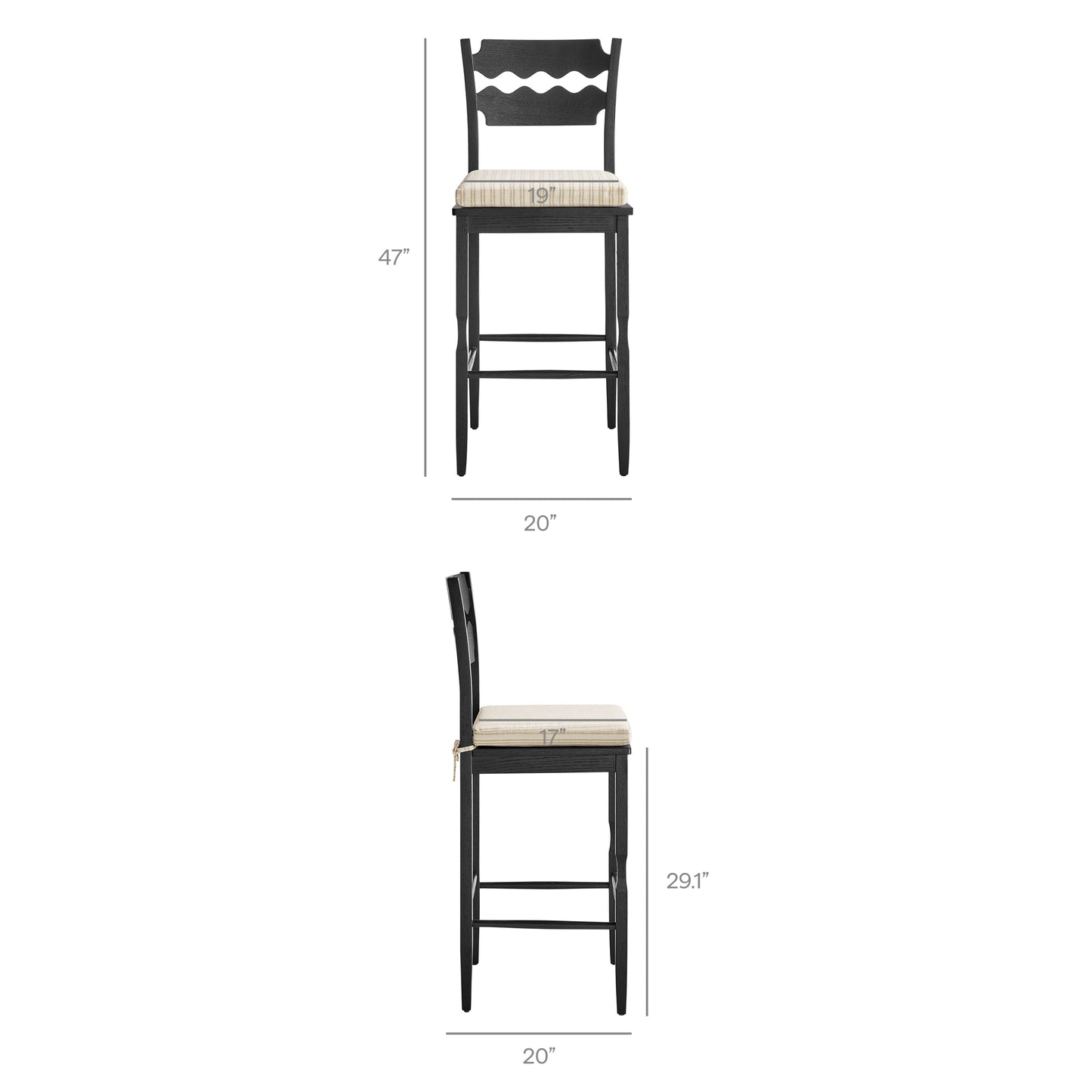 Lennox Oak Wood Bar Stool With Wavy Razor Back and Cushion in Black Oatmeal Stripe