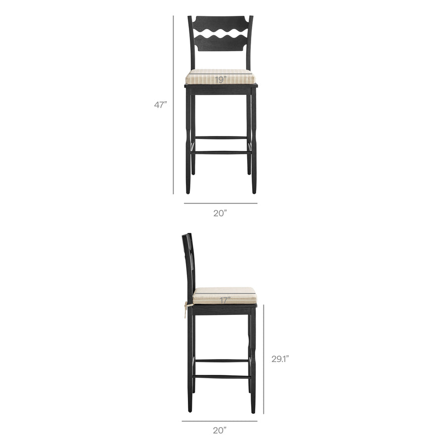 Lennox Oak Wood Bar Stool With Wavy Razor Back and Cushion in Black Oatmeal Stripe