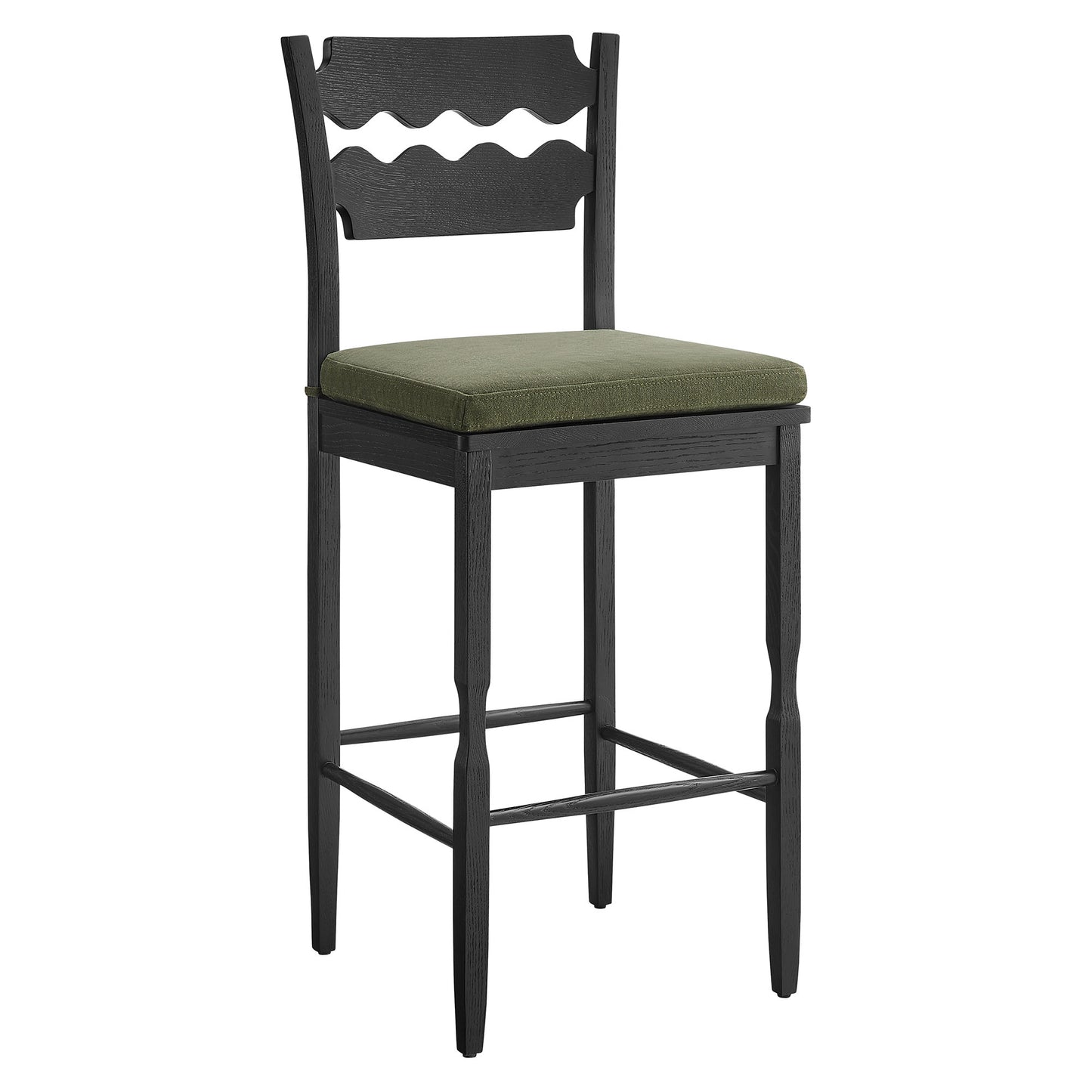 Lennox Oak Wood Bar Stool With Wavy Razor Back and Cushion in Black Sage