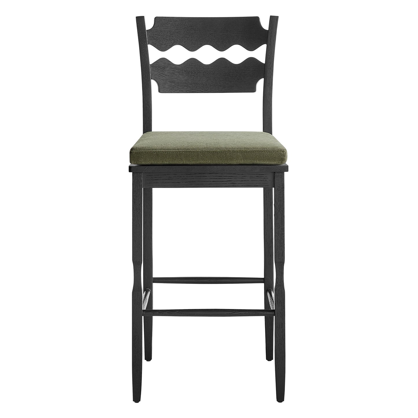 Lennox Oak Wood Bar Stool With Wavy Razor Back and Cushion in Black Sage