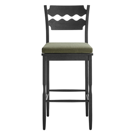 Jax Oak Wood Bar Stool With Wavy Razor Back and Cushion in Black Sage