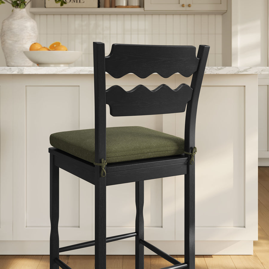 Lennox Oak Wood Bar Stool With Wavy Razor Back and Cushion in Black Sage