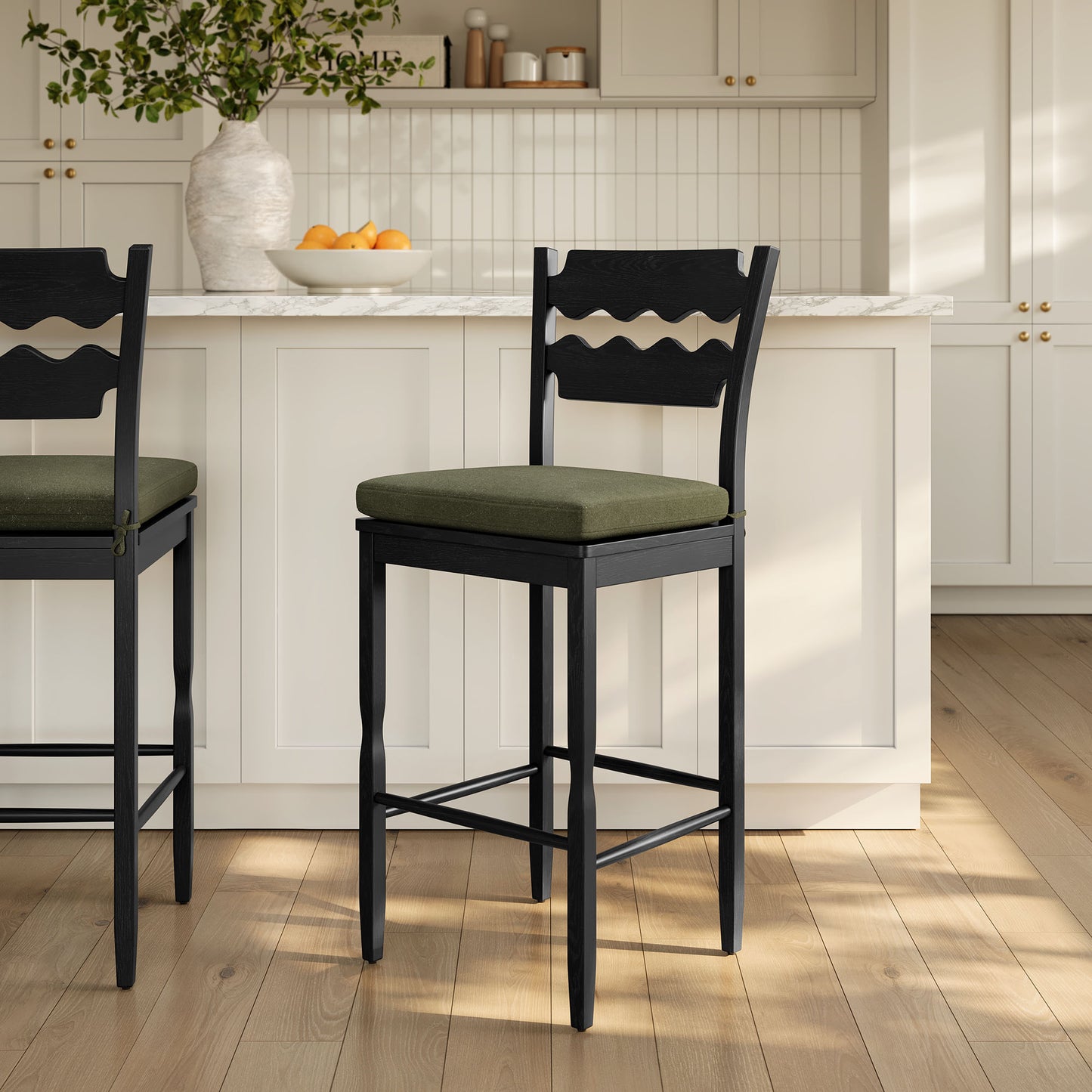 Lennox Oak Wood Bar Stool With Wavy Razor Back and Cushion in Black Sage