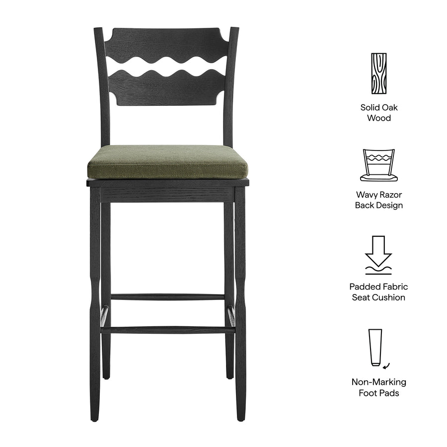 Lennox Oak Wood Bar Stool With Wavy Razor Back and Cushion in Black Sage