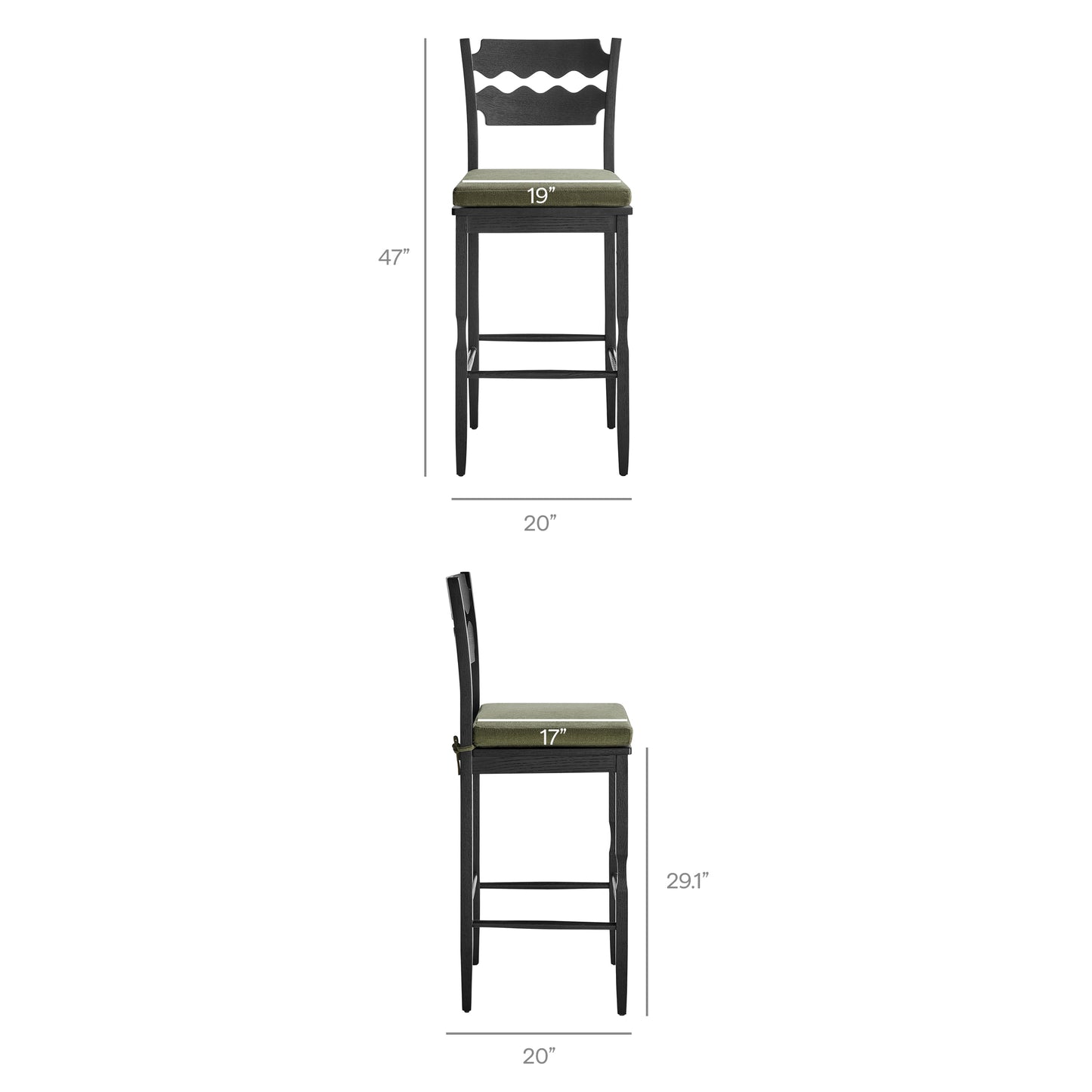 Lennox Oak Wood Bar Stool With Wavy Razor Back and Cushion in Black Sage