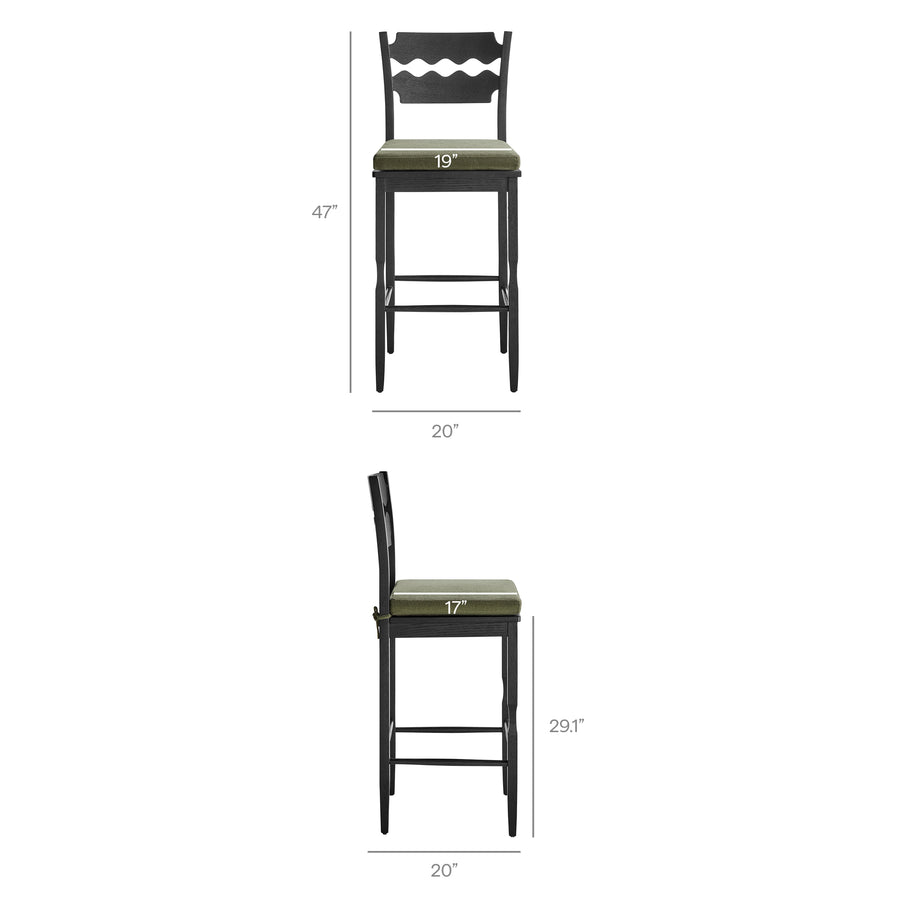 Lennox Oak Wood Bar Stool With Wavy Razor Back and Cushion in Black Sage