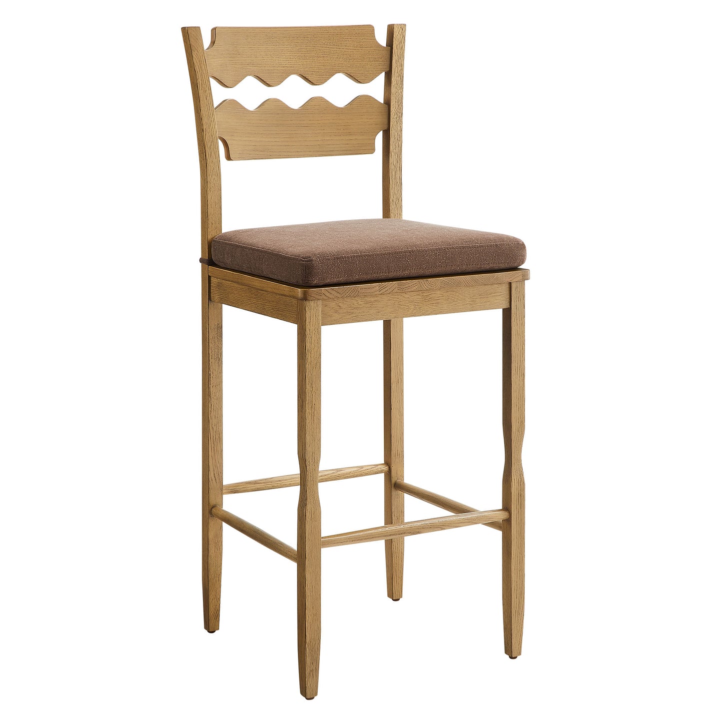 Lennox Oak Wood Bar Stool With Wavy Razor Back and Cushion in Weathered Oak Cocoa