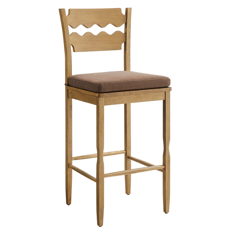 Lennox Oak Wood Bar Stool With Wavy Razor Back and Cushion in Weathered Oak Cocoa