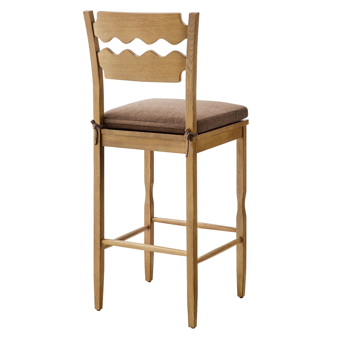 Lennox Oak Wood Bar Stool With Wavy Razor Back and Cushion in Weathered Oak Cocoa