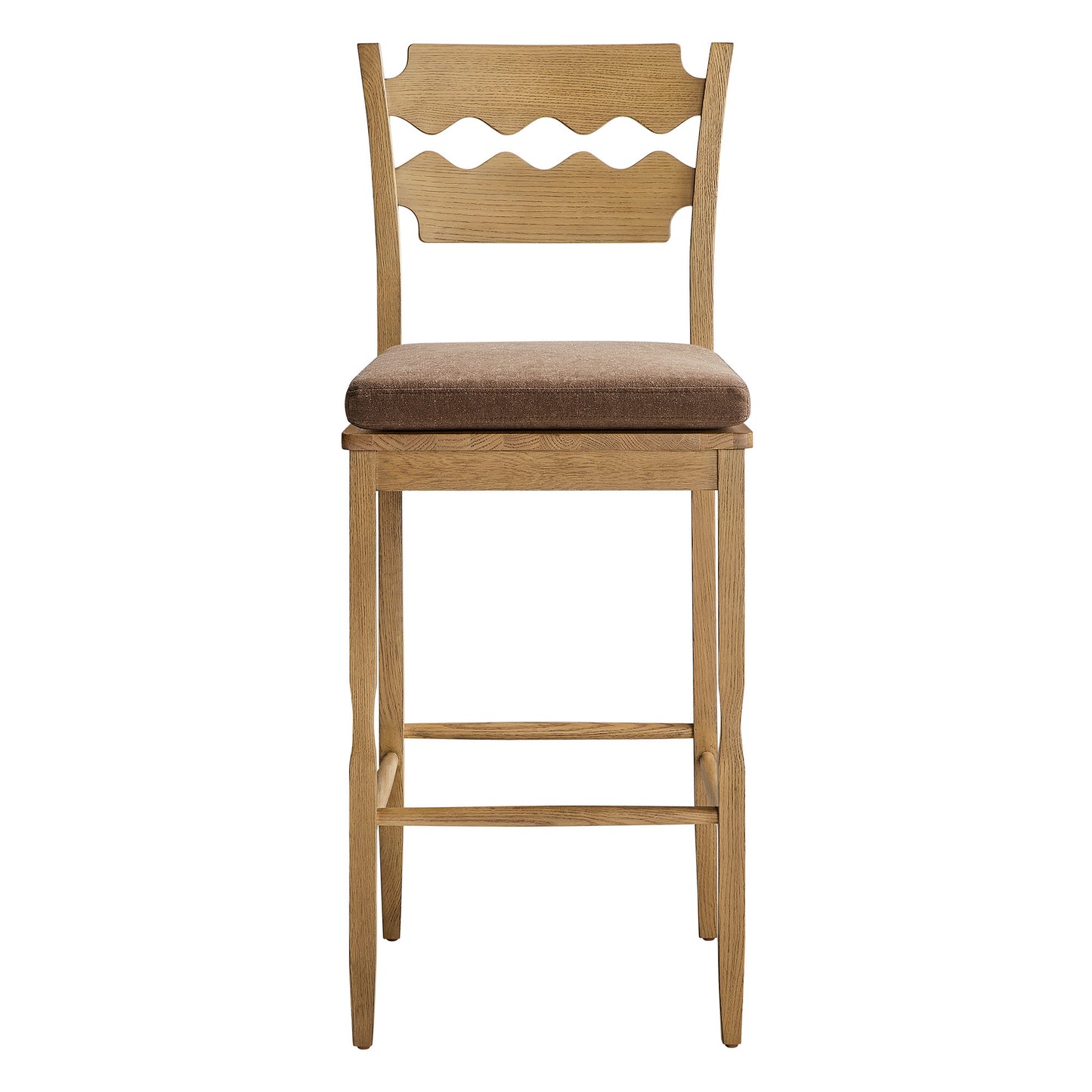 Lennox Oak Wood Bar Stool With Wavy Razor Back and Cushion in Weathered Oak Cocoa