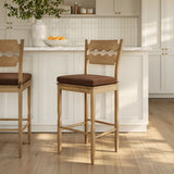 Lennox Oak Wood Bar Stool With Wavy Razor Back and Cushion in Weathered Oak Cocoa