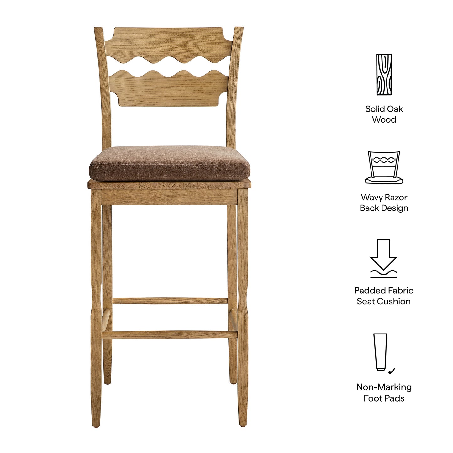 Lennox Oak Wood Bar Stool With Wavy Razor Back and Cushion in Weathered Oak Cocoa